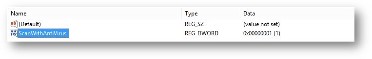 Registry Editor - ScanWithAntiVirus DWORD value