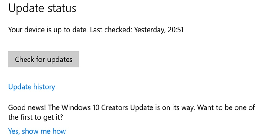 Windows Creators Update ad in Windows Update