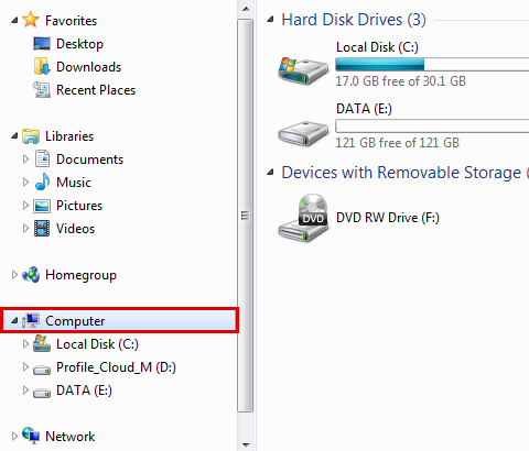 In the navigation pane, click Computer so that your drives appear in the right pane.