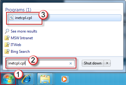 In Windows Vista, click Start, type inetcpl.cpl in the Start Search box, and then press ENTER.