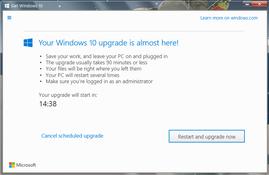 Fifteen minutes before the upgrade starts, you will see a reminder screen, but will no longer be able to postpone the installation.