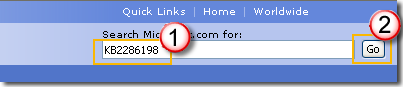 Select the Download Center link, type the update number in the [Search] box (e.g. 2286198) and then click on the search icon or press the Enter key on your keyboard.