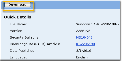 Select Download in the download page for KB2286198. A window showing File Download appears, select Open to install the file automatically after downloading.