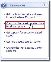 Select Start > Control Panel > Security Center > Check for the latest updates from Windows Update in Windows Security Center.