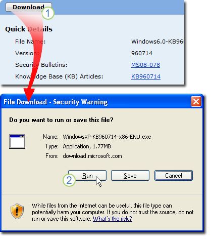 Select Download in the download page for KB960714. A window showing File Download - Security Warning appears; select Run to install the file automatically after downloading.