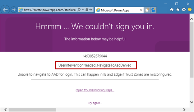 Unable to navigate to AAD for login in PowerApps Web Authoring