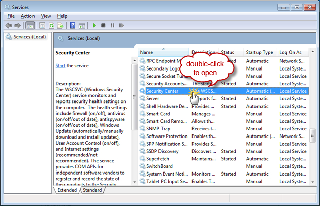 Double-click Security Center.