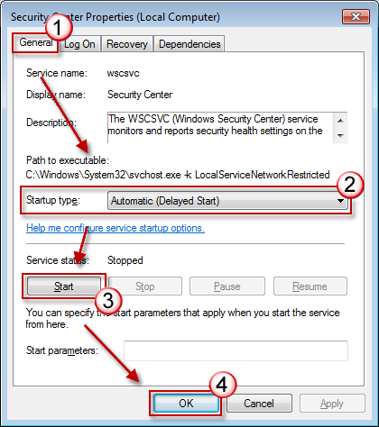 Click the General tab, select Automatic (delayed start) from the Startup type list, click Start, and then click OK.