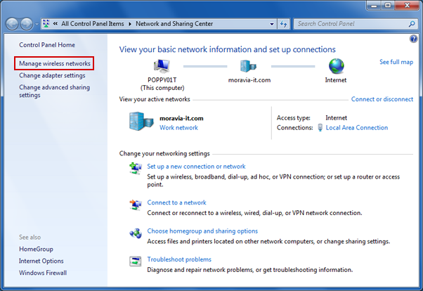 In Network and Sharing Center, click Manage wireless networks.