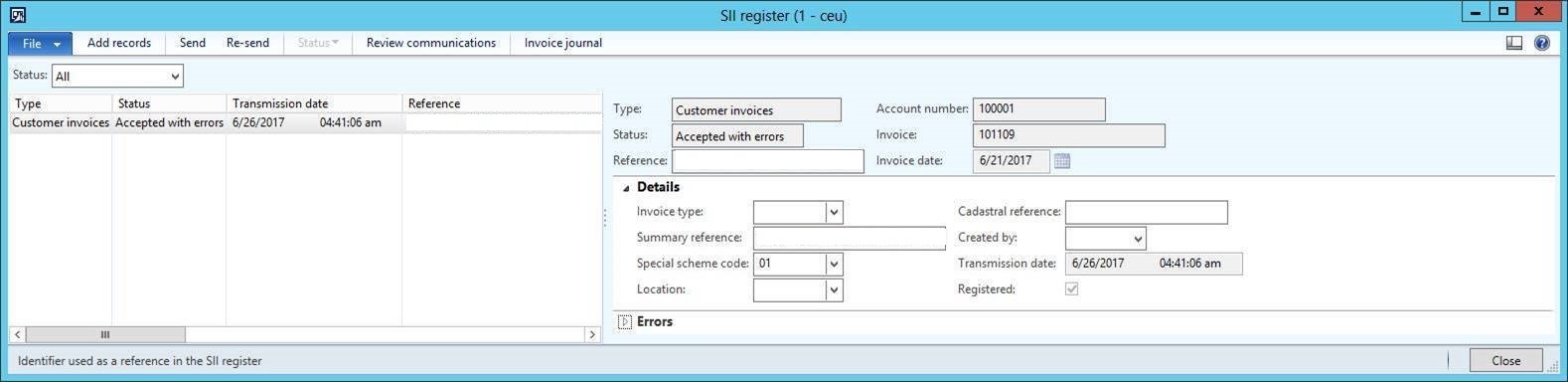 SII Register Customer invoice 4033507