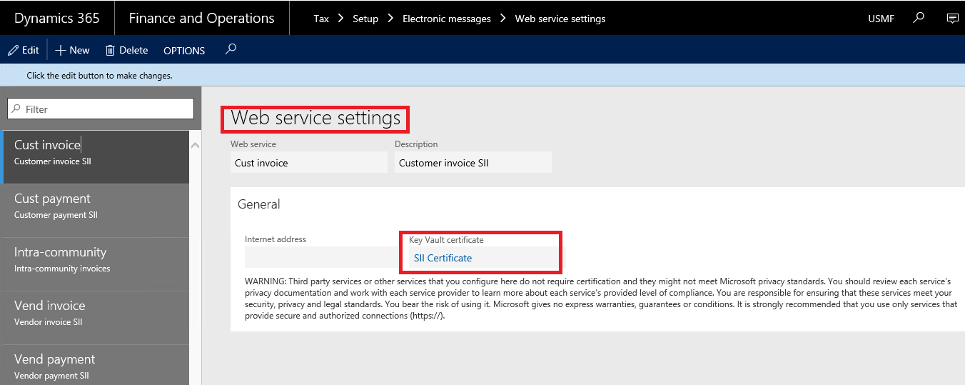 This image shows you how to insert an Internet address for SII system.