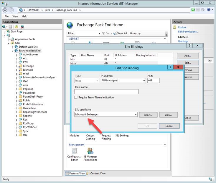 Verify the SSL certificate for the SSL binding for the Exchange Back End site on the Mailbox server.