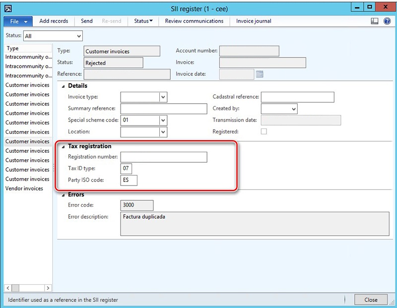 This image shows how to add the Tax registration tab on the SII register form.