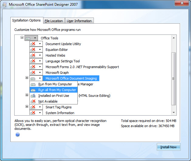 Screenshot displaying the location of MODI during a SharePoint Designer 2007 installation