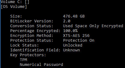 Figure 1 Sample output of an operating system volume protected by both TPM protector and RecoveryPassword protector