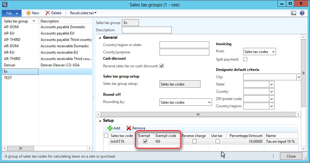 This image shows how to setup a sales tax code.