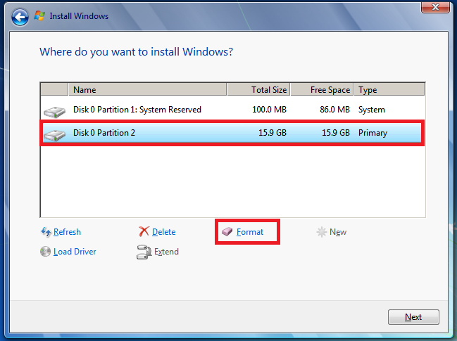 Select Disk 0 partition 2, and then click Formatting.