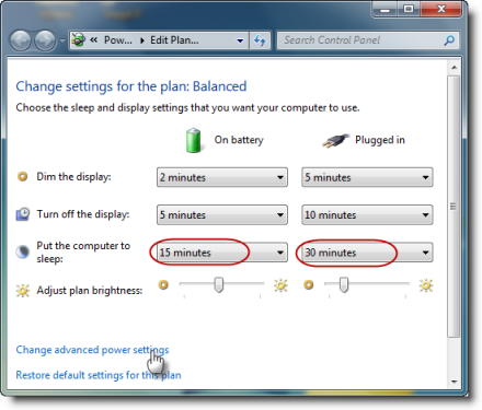 Change advanced power settings