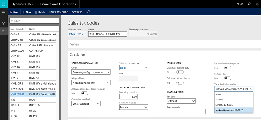 Tributary substitution method for ICMS-ST tax type with new value Markup (Agreement 52/2017) KB4055731