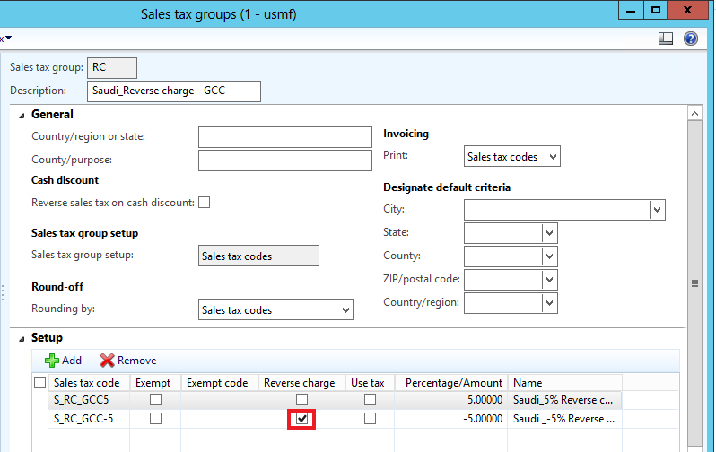 This image shows to how to select the Reverse charge check box on the line with the negative sales tax rate in the sales tax group.