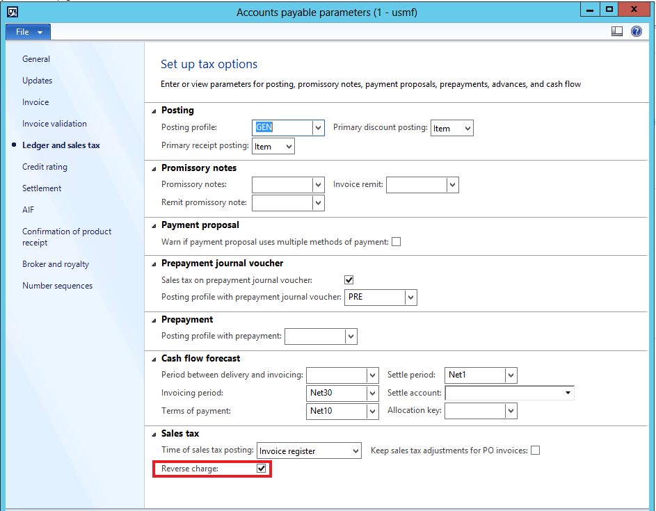 This image shows to how to select the Reverse charge check box in the Account payable parameters form.