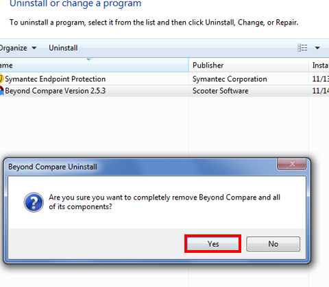 In the next message box, confirm the uninstall process by clicking on Yes.