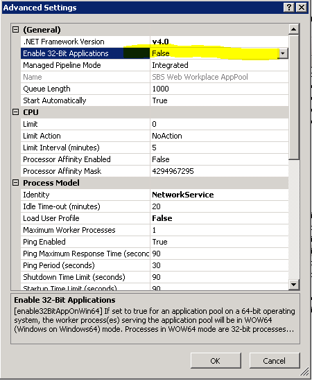 Enable 32-bit applications value is set to False