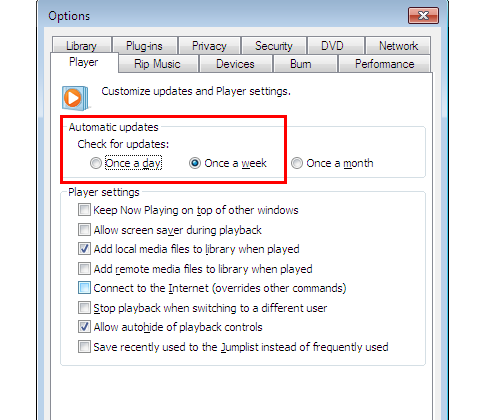 On the Player tab, select either Once a day or Once a weekunder Automatic updates