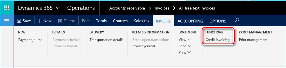 This image shows how to find the Credit invoicing functionality.
