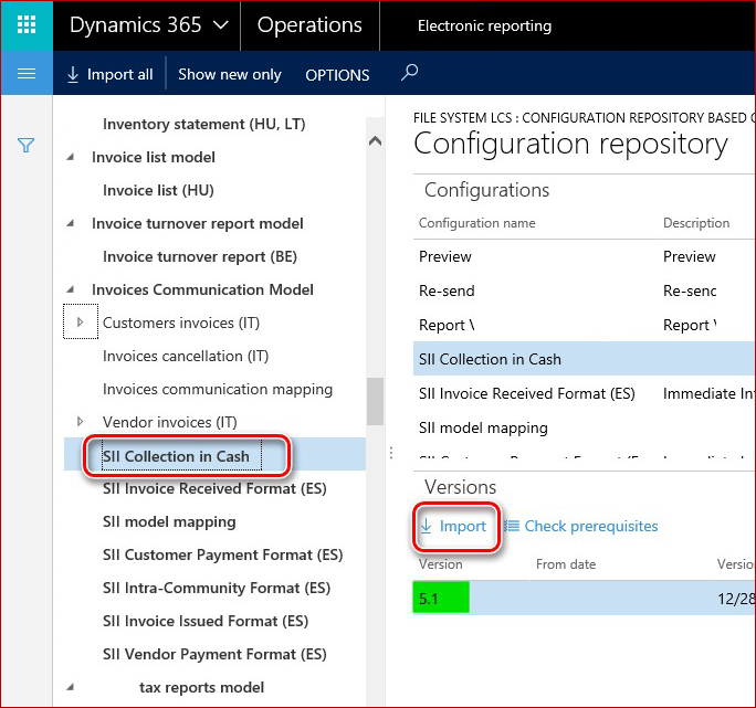 This image shows you how to import all the configuration related to the SII Collections in cash report.