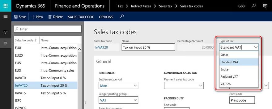 This image shows a Type of tax field on Sales tax code table.