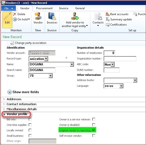 Customs declarations vendor setup