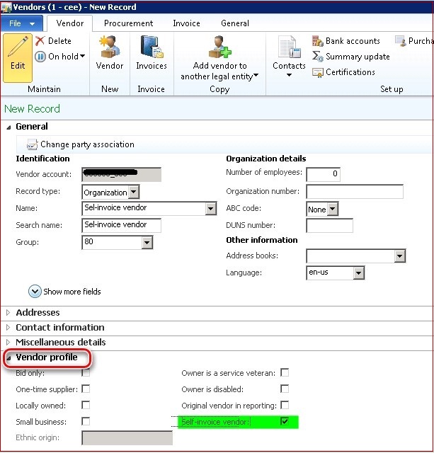 Self-invoice vendor setup