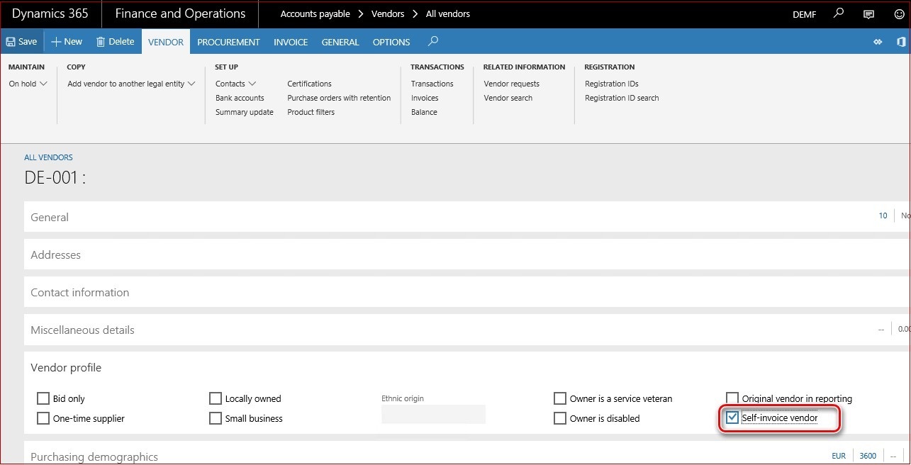 This image shows how to setup self-invoice vendor.