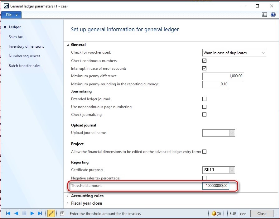 General ledger parameters