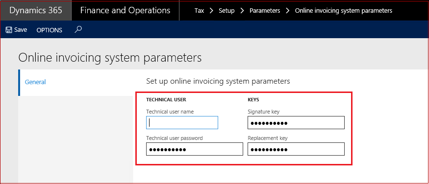 Online invoicing system parameters (local)