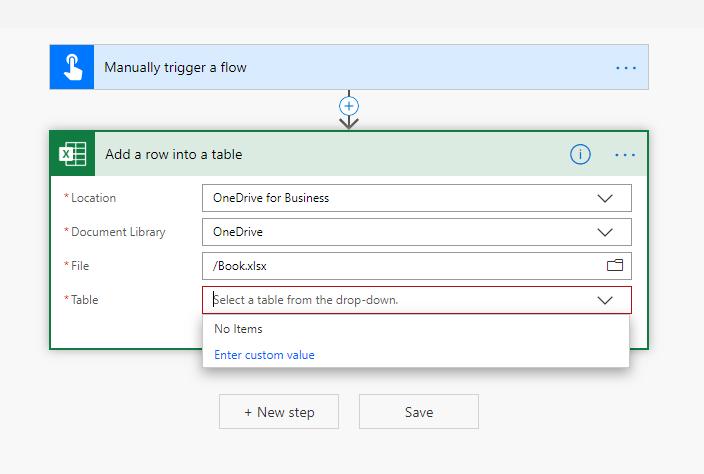 Excel table drop down has no table